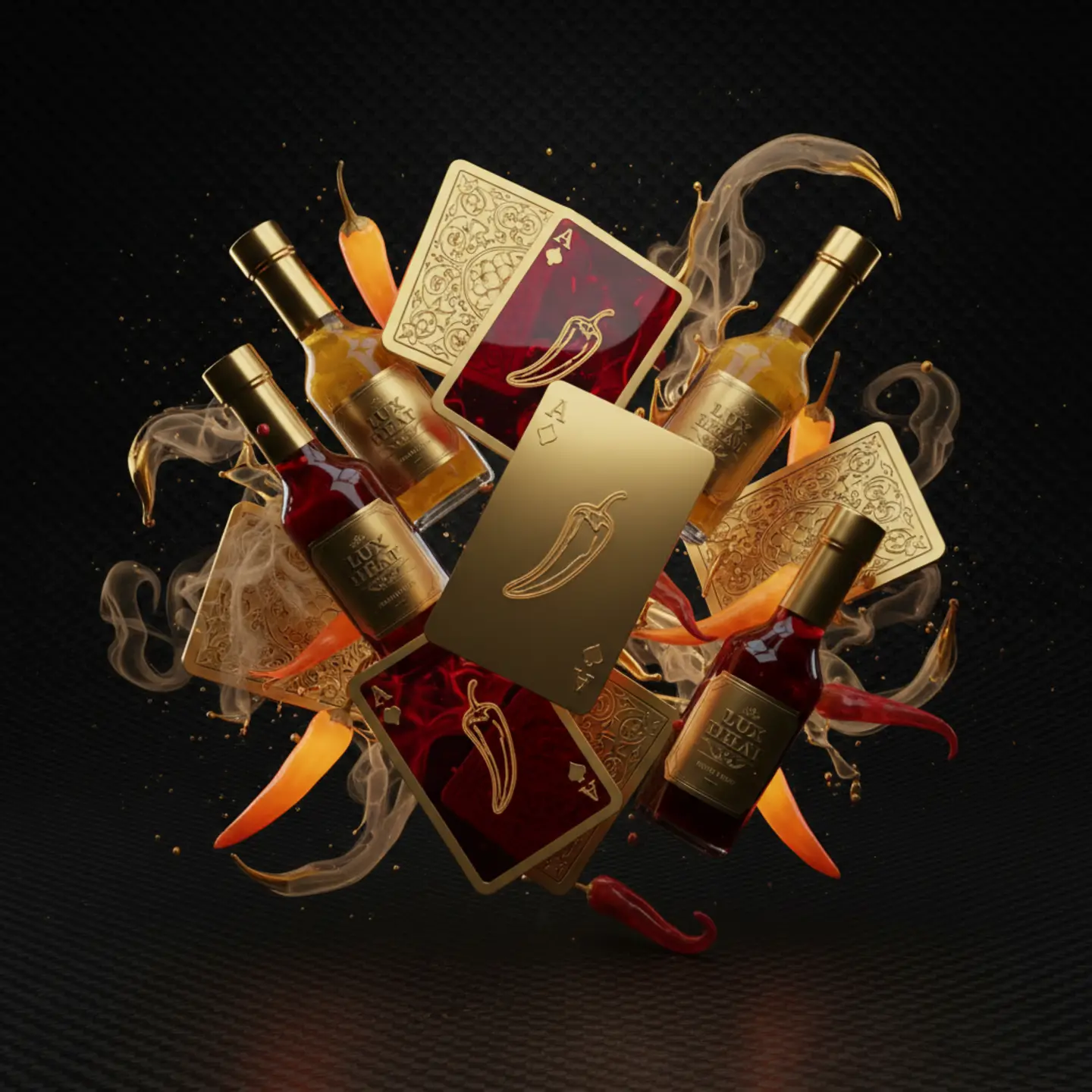 Floating casino cards featuring fiery sauce bottles